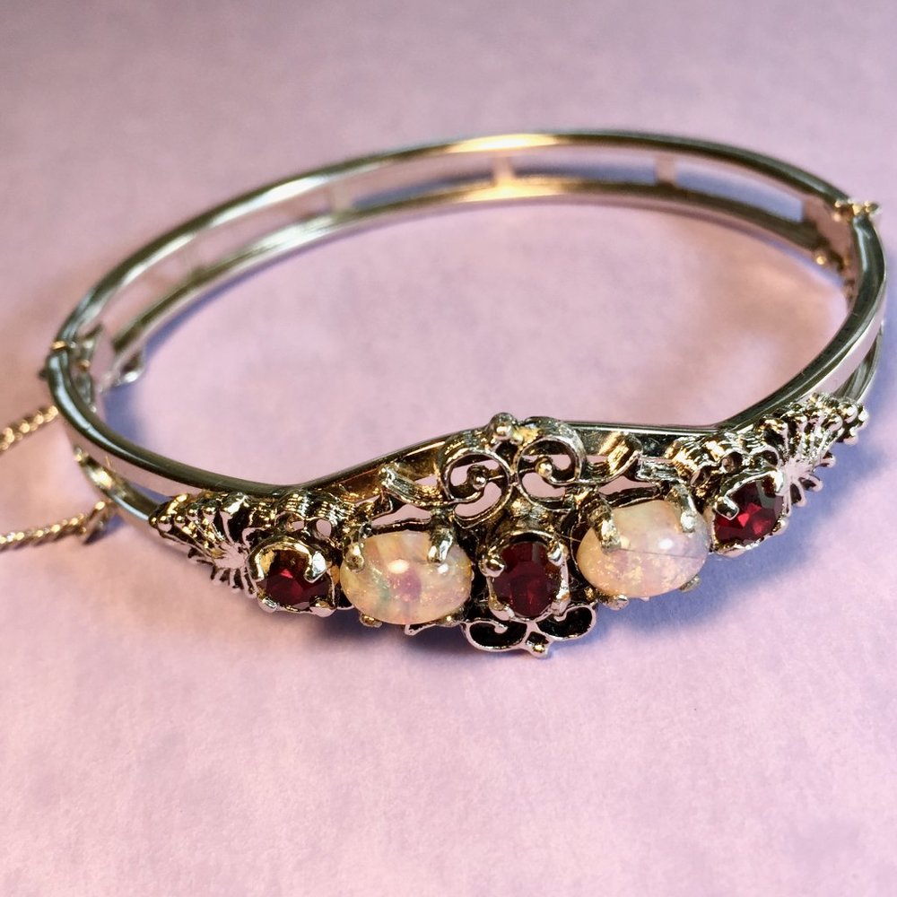 Vintage Silver Sarah Coventry Clasp Bangle with Prong Set Faux Opal & Garnets